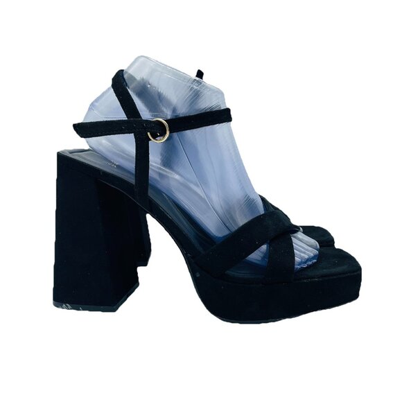 Zara Sandals Womens 8.5 /EU39 Black Y2K Square Ankle Strap Chunky Block Heel - Picture 1 of 13